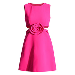 Cute Crew Neck Sleeveless Cutout Embellished 3D Rosette Mini Dress