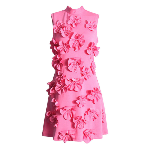 Cute Mock Neck Bow Tie Back Sleeveless A Line Rosette Mini Dress