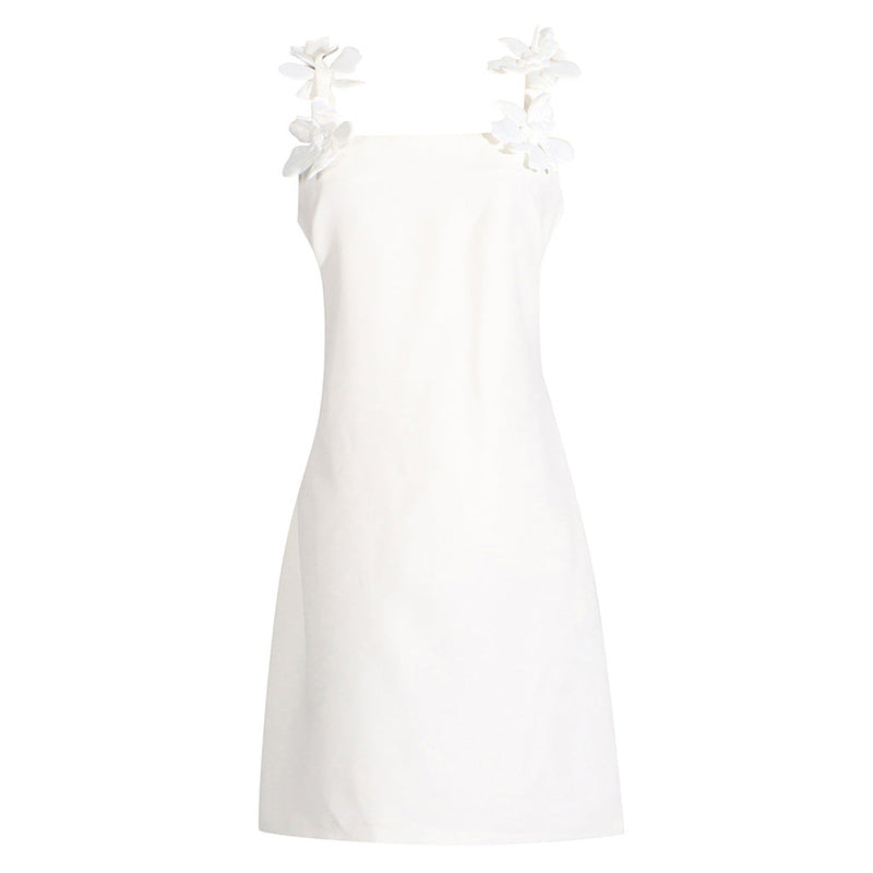 Cute Square Neck Sleeveless A Line Crepe Embroidered Rosette Mini Dress