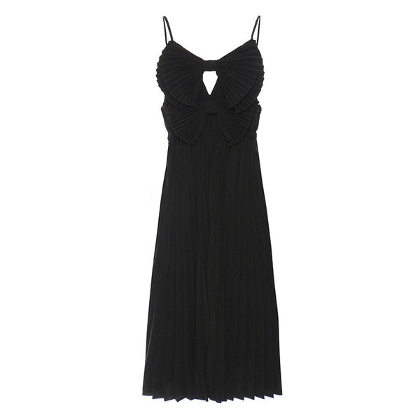 Cute V Neck Big Dual Bow Spaghetti Strap Pleated Midi Chiffon Slip Dress