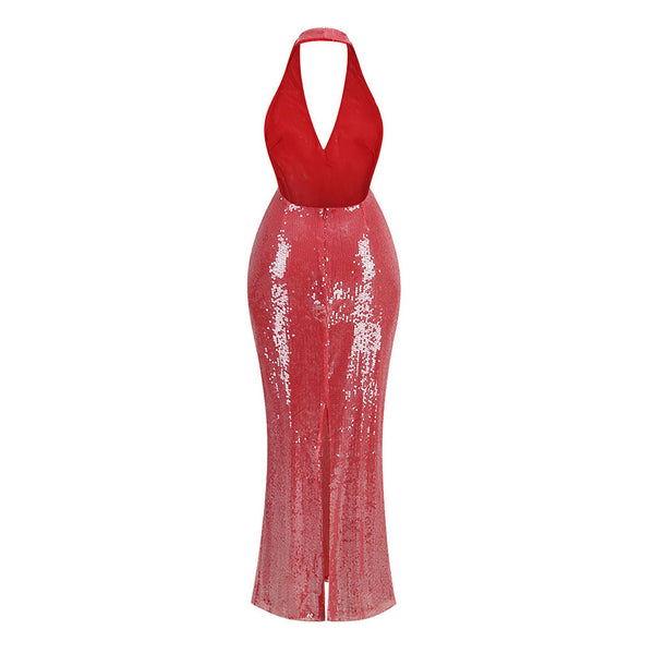 Dazzling Halter Deep V Neck Sequin Embellished Backless Maxi Dress