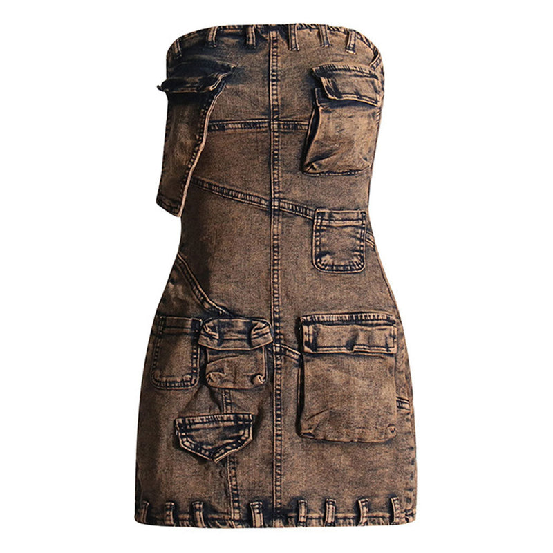 Deconstructed Cargo Pocket Belt Loop Tube Bodycon Mini Jean Dress