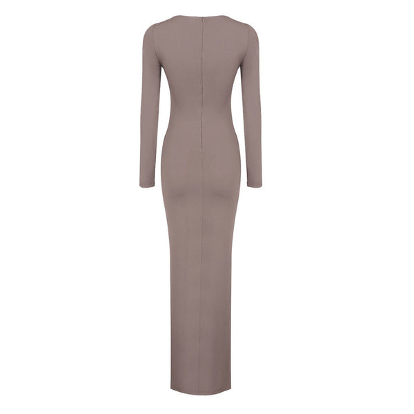 Elegant Crew Neck Ruched Twist Long Sleeve Tie Front Knot Drape Maxi Dress