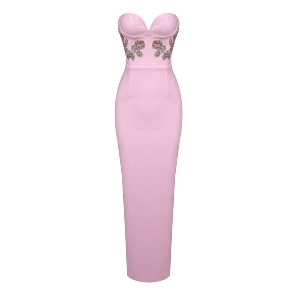 Elegant Crystal Floral Strapless Bustier Split Bodycon Bandage Maxi Formal Dress