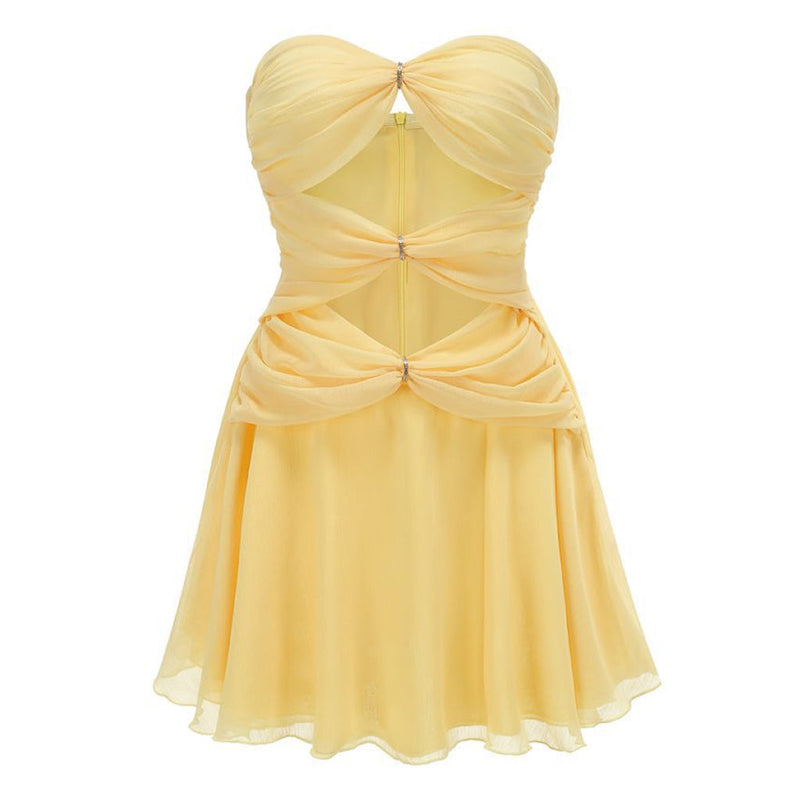 Elegant Crystal Trim Strapless Cutout Ruched Chiffon A Line Mini Party Dress