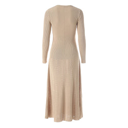 Elegant Long Sleeve Button Trim Pointelle Ribbed Knit Fishtail Sweater Midi Dress