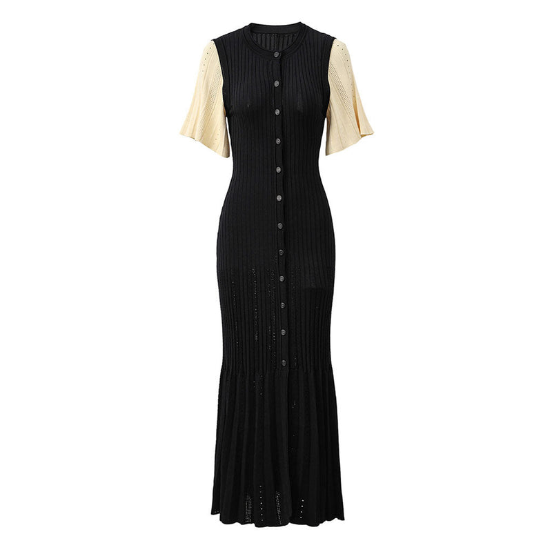 Elegant Pointelle Knit Sleeve Button Up Ribbed Pleated Fishtail Sweater Maxi Dress