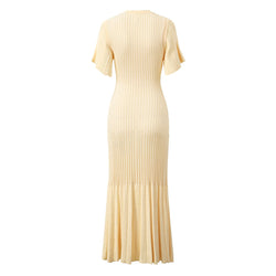 Elegant Pointelle Knit Sleeve Button Up Ribbed Pleated Fishtail Sweater Maxi Dress