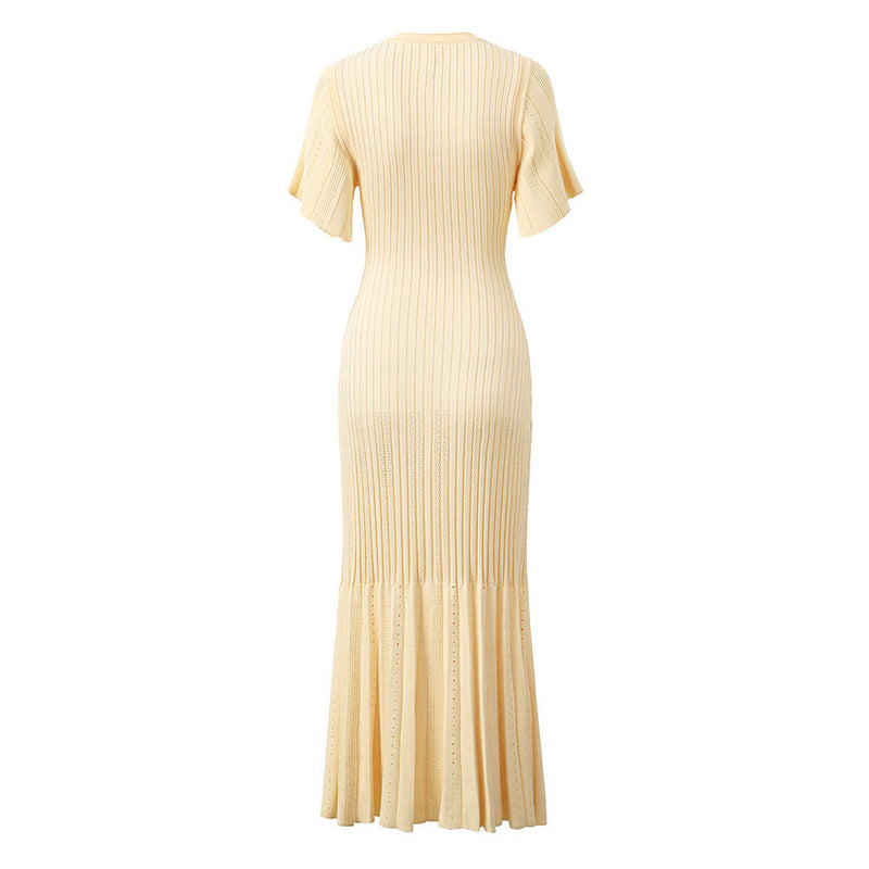 Elegant Pointelle Knit Sleeve Button Up Ribbed Pleated Fishtail Sweater Maxi Dress