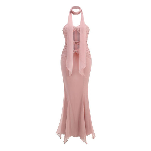 Elegant Scarf Neck Strapless Cutout Ruched Chiffon Godet Mermaid Maxi Dress