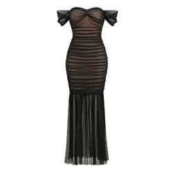 Elegant Sweetheart Neck Off Shoulder Ruched Mesh Fishtail Evening Maxi Dress