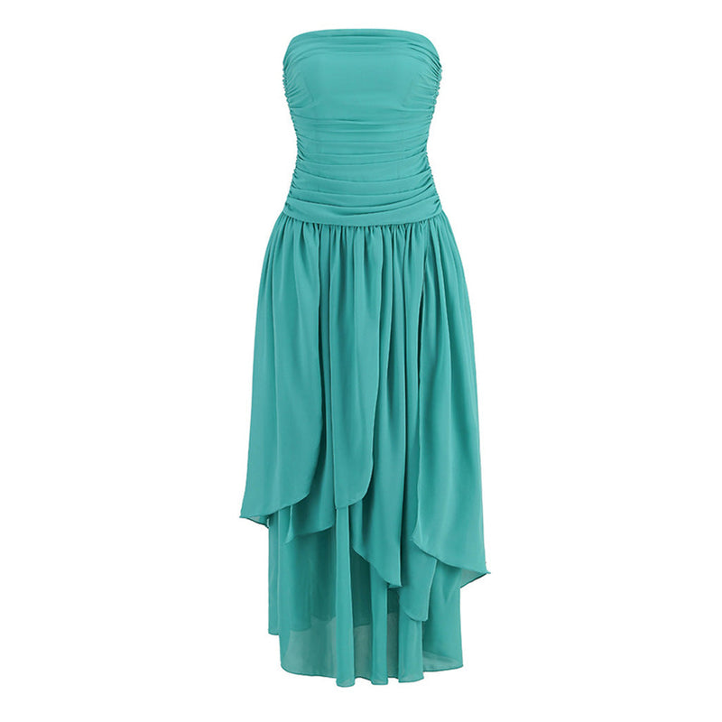 Ethereal Gathered Strapless Drop Waist High Split Ruched Chiffon Maxi Dress