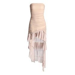 Ethereal Mesh Hybrid Chiffon Ruched Bodycon Layered Ruffle Tube Dress