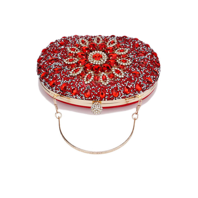 Extravagant Floral Crystal Embellished Metal Handle Oval Evening Clutch Bag