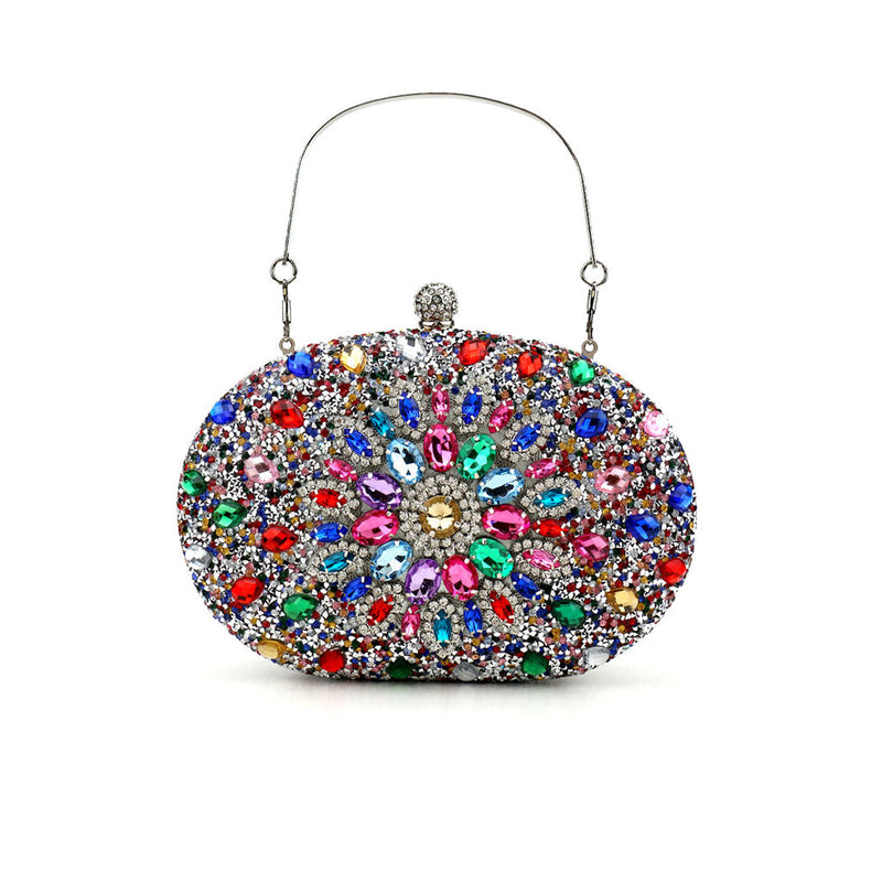 Extravagant Floral Crystal Embellished Metal Handle Oval Evening Clutch Bag