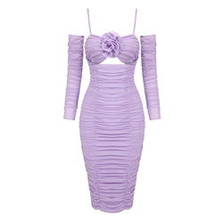 Feminine Spaghetti Strap Cutout Ruched Mesh Bodycon Rosette Midi Dress