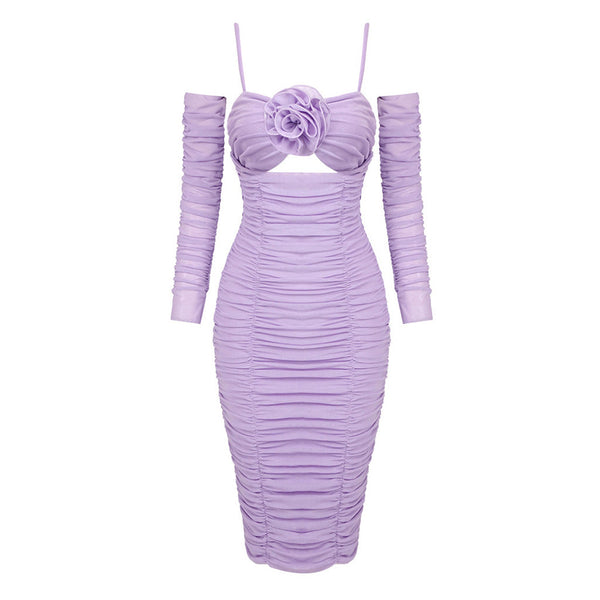 Feminine Spaghetti Strap Cutout Ruched Mesh Bodycon Rosette Midi Dress