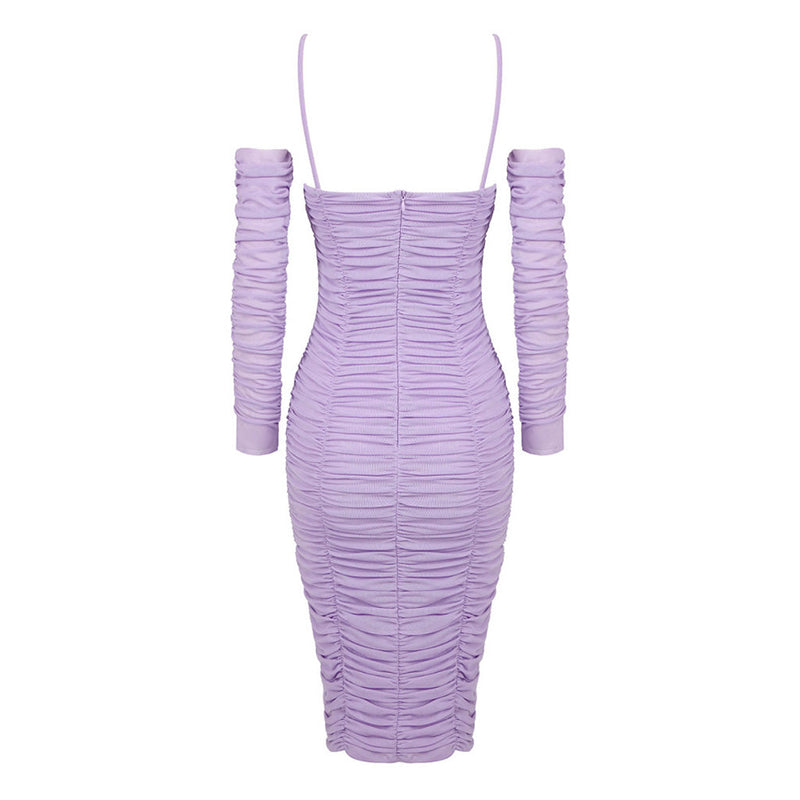 Feminine Spaghetti Strap Cutout Ruched Mesh Bodycon Rosette Midi Dress