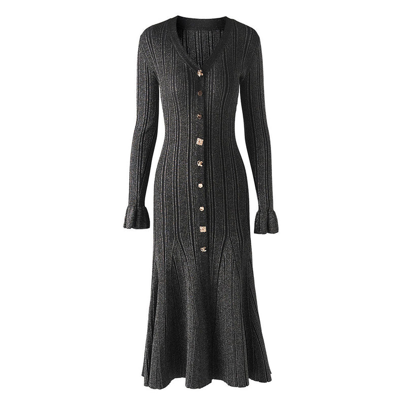 Glitter Lurex V Neck Button Up Long Sleeve Ribbed Knit Fishtail Sweater Midi Dress