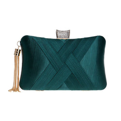 Glossy Rhinestone Embellished Fringe Braided Satin Clutch - Emerald Green