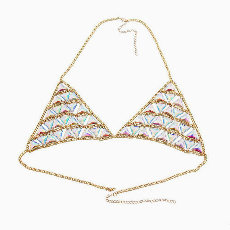 Iridescent Halter Open Back Acrylic Triangle Link Body Chain Bra Top