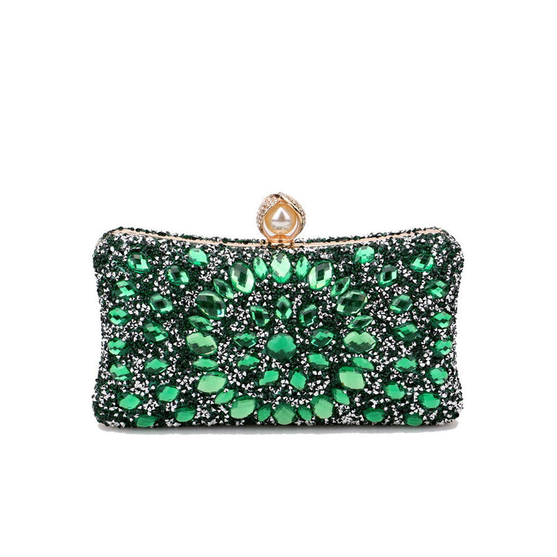 Lavish Pearl Clasp Rhinestone Embellished Metallic Chain Evening Clutch Bag