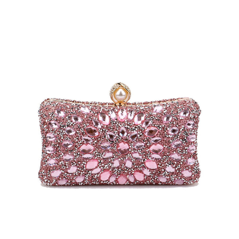 Lavish Pearl Clasp Rhinestone Embellished Metallic Chain Evening Clutch Bag