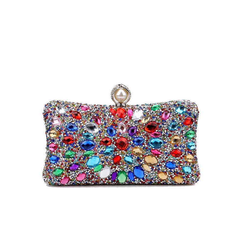 Lavish Pearl Clasp Rhinestone Embellished Metallic Chain Evening Clutch Bag