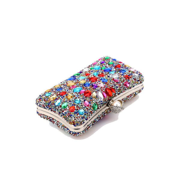 Lavish Pearl Clasp Rhinestone Embellished Metallic Chain Evening Clutch Bag