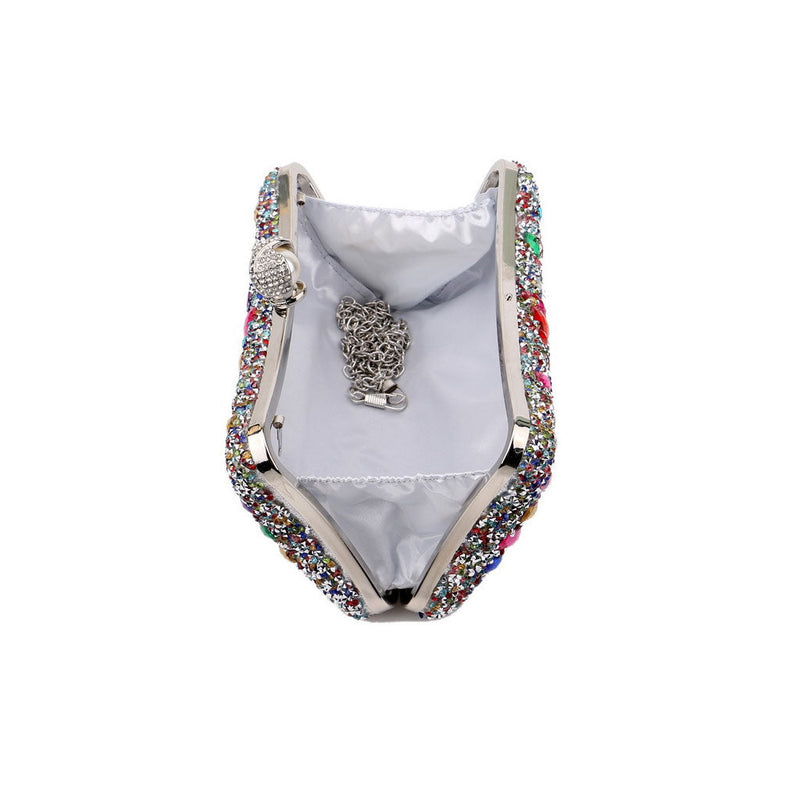 Lavish Pearl Clasp Rhinestone Embellished Metallic Chain Evening Clutch Bag