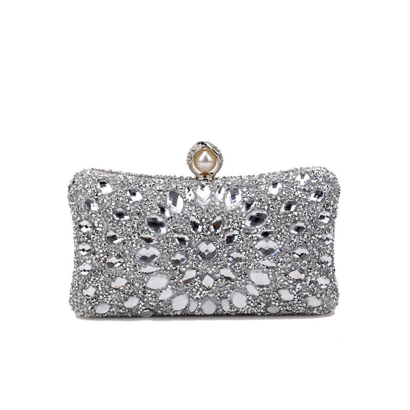 Lavish Pearl Clasp Rhinestone Embellished Metallic Chain Evening Clutch Bag