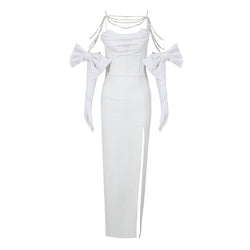 Luminous Crystal Chain Gloved Cami Bandage Cutout Bow Trim Maxi Dress