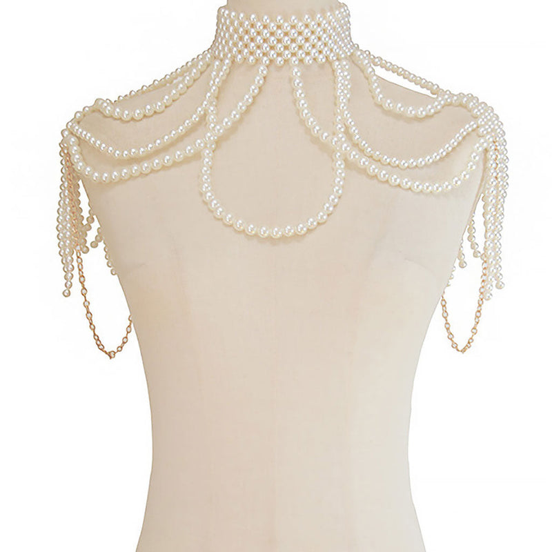 Lustrous Chain Link Layered Imitation Pearl Choker Body Chain