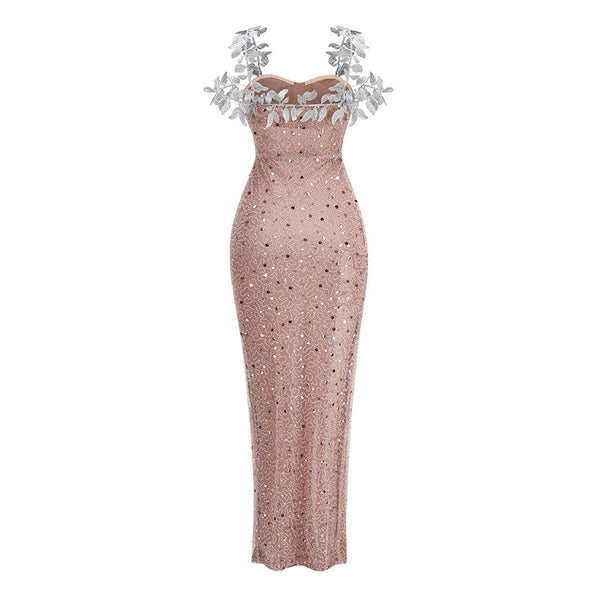 Luxury Beaded Sequin Embroidered Leaf Cold Shoulder Ruched Mesh Maxi Dress