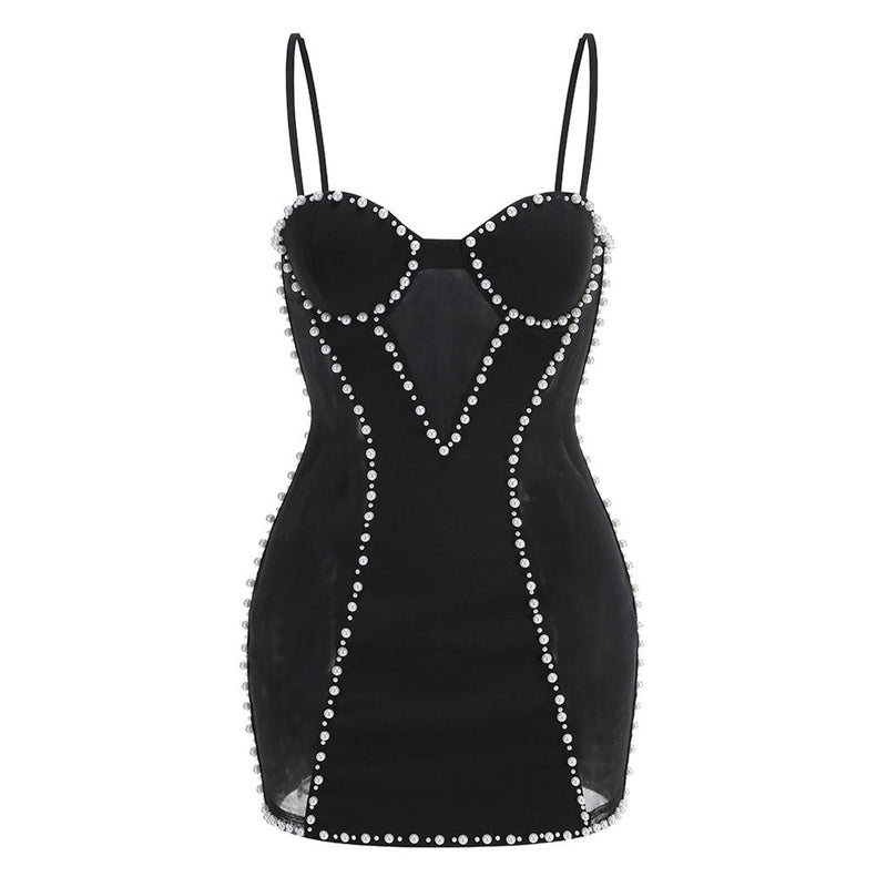 Luxury Bustier Sleeveless Mesh Panel Faux Pearl Embellished Club Mini Dress