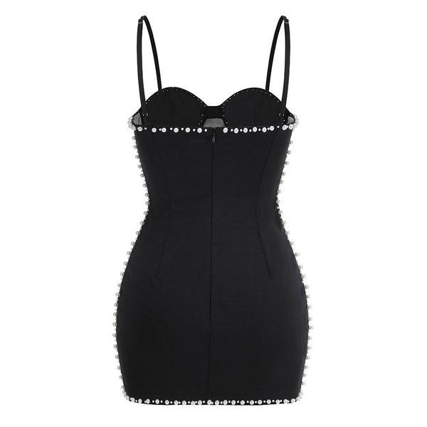 Luxury Bustier Sleeveless Mesh Panel Faux Pearl Embellished Club Mini Dress