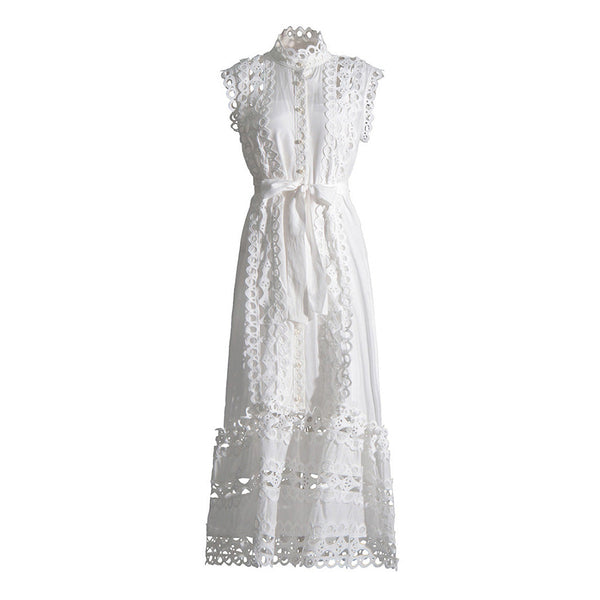 Luxury Mock Neck Sleeveless Buttoned Scalloped Guipure Lace Maxi Dress