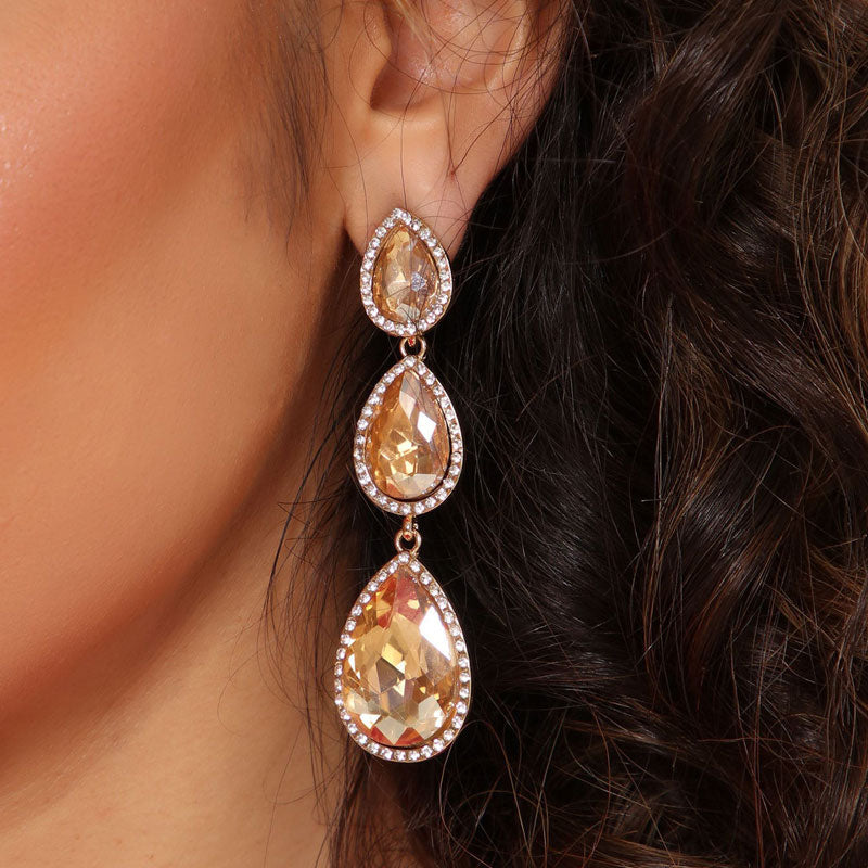 Luxury Pear Cut Crystal Embellished Triple Drop Earrings - Yellow