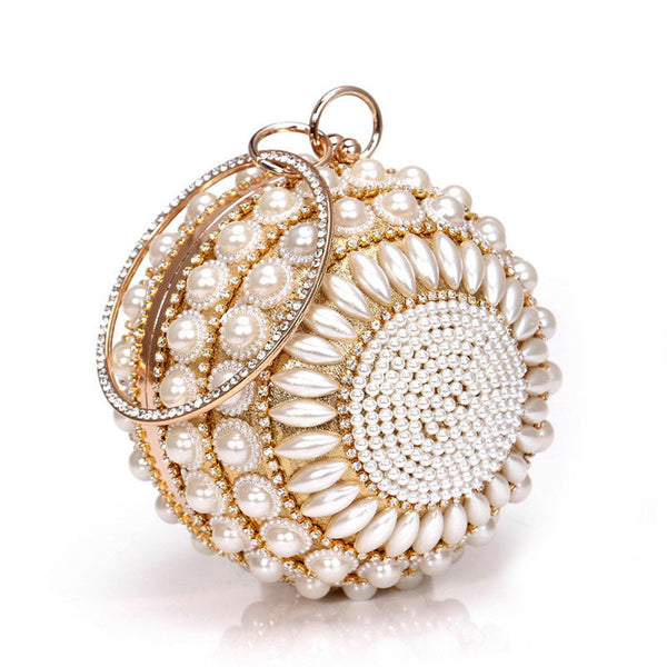 Luxury Rhinestone Embellished Metal Handle Round Pearl Clutch - Gold