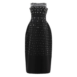 Luxury Rhinestone Pearl Applique Strapless Corset Cocktail Midi Tulip Dress