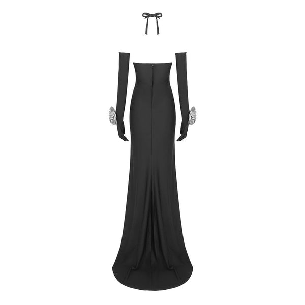 Luxury Rosette Opera Glove Front Slit Long Train Halter Cutout Evening Dress