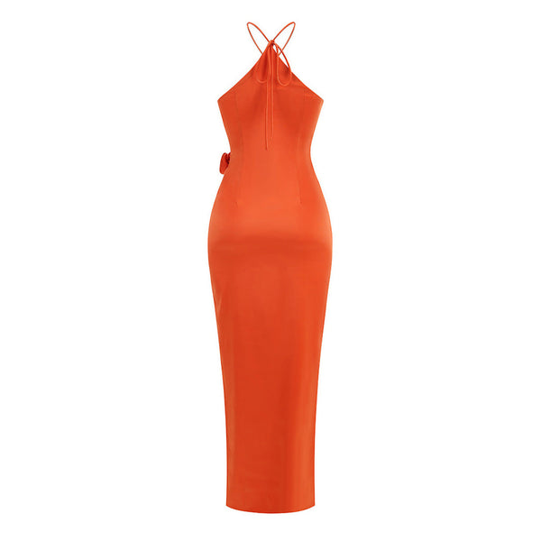 Luxury Rosette Trim Cut Out Tie Back Sleeveless Bodycon Satin Maxi Dress