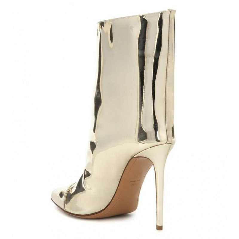 Metallic Patent Leather Pointed Toe Stiletto Ankle Boots - Gold