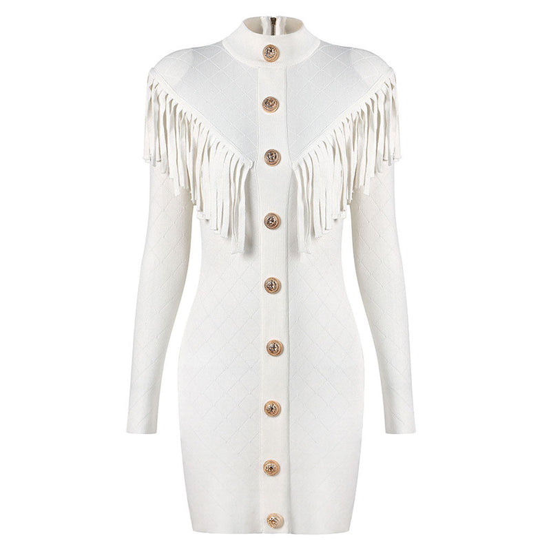 Military Mock Neck Metallic Button Fringe Long Sleeve Bodycon Sweater Mini Dress