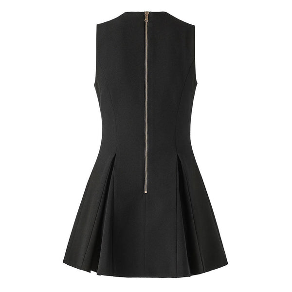 Minimalist V Neck Double Breasted Godet Panel Crepe Vest Skater Mini Dress