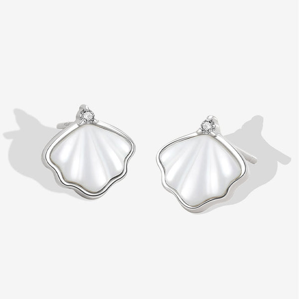 Mother of Pearl Rhodium Plated Cubic Zirconia Ginkgo Leaf Stud Earrings