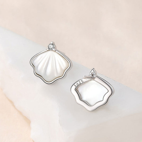 Mother of Pearl Rhodium Plated Cubic Zirconia Ginkgo Leaf Stud Earrings