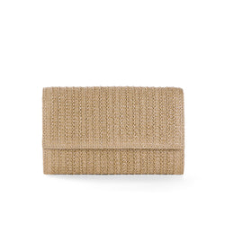 Natural Flap Top Metallic Chain Crossbody Raffia Woven Straw Clutch Bag