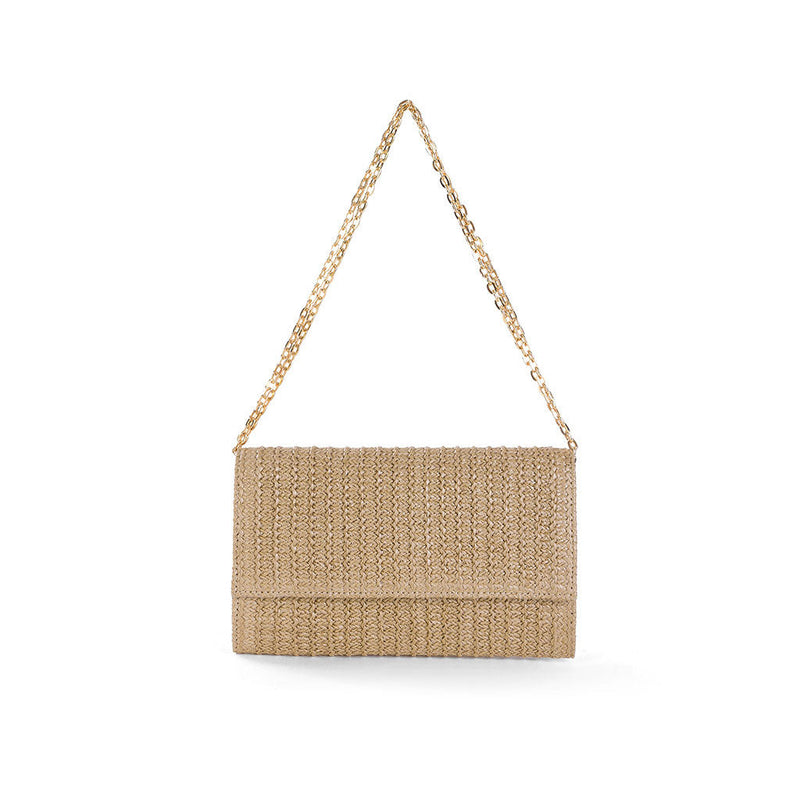 Natural Flap Top Metallic Chain Crossbody Raffia Woven Straw Clutch Bag