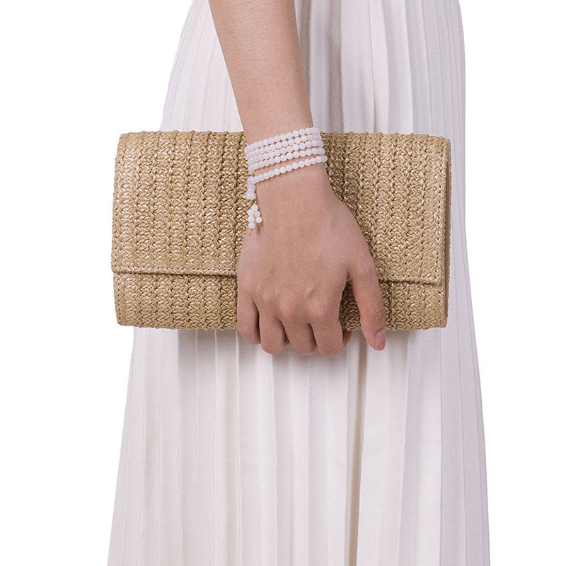 Natural Flap Top Metallic Chain Crossbody Raffia Woven Straw Clutch Bag